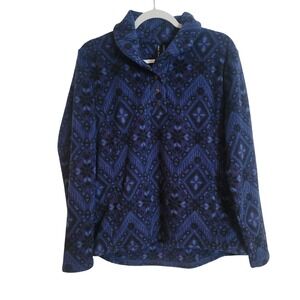 North River Womens Blue Geometric Fair Isle Fleece Snap Neck Pullover Medium